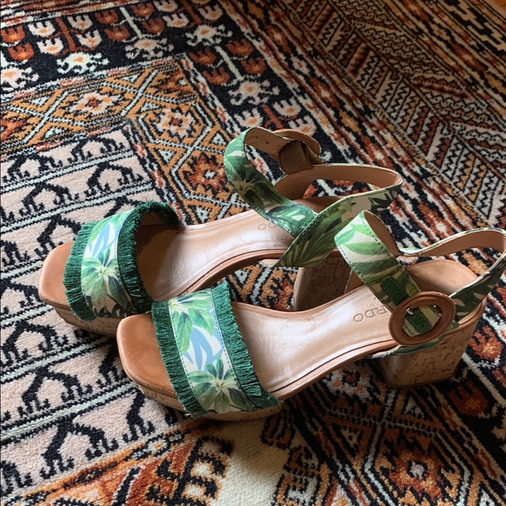 Bernardo Platform Sandal Cork Soles Green Fringe